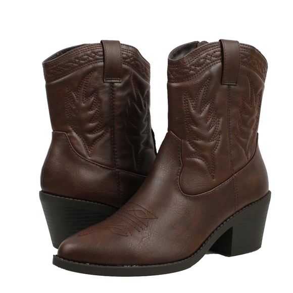 Shoes - Brown Faux Leather Cowboy Pull On Mid Calf Boot